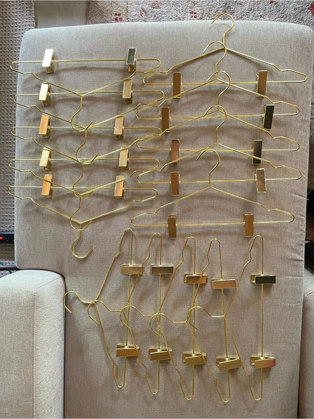 Gold Metal Wire Clothes Hangers, Heavy Duty, Adjustable Clips, Set of 15